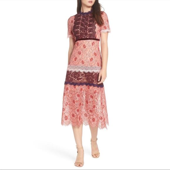 Foxiedox Sadie Dress Lace Midi Short Sleeve Floral 2 Pink Burgundy - Picture 2 of 12